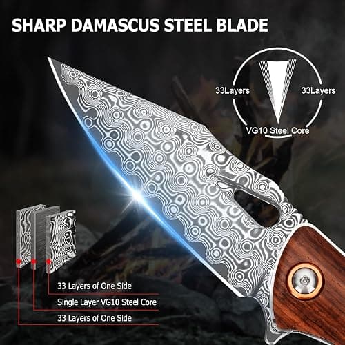 AUBEY Damascus Folding Knife with Clip, Pocket Knife with Wood Handle, EDC Knife for Outdoor Hiking Camping Collection (3.19" Blade) thumbnail 4