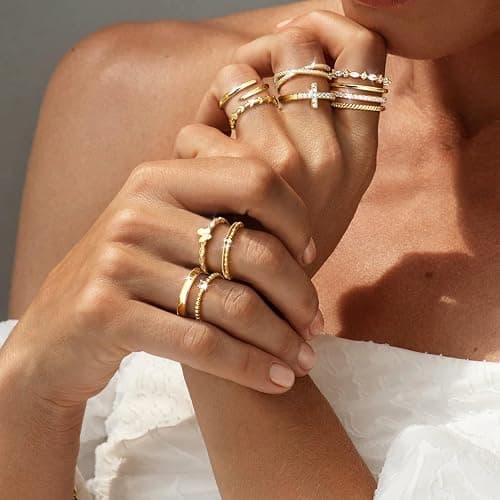 ZELORES 14K Gold Filled Stackable Rings for Women Opal Cross CZ Wedding Bands Rings Dainty Plain Gold Knuckle Rings Set Comfort Fit Size 6-10 thumbnail 2