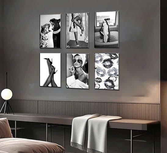 6pcs Trendy Black White Woman Wall Art Luxury Woman Drinking in Bathtub Wall Decor Fashion Cheetah Poster Print Heels Lips Pictures Paintings For Living Room Bedroom Dorm Apartment 8×10 In Unframed thumbnail 6