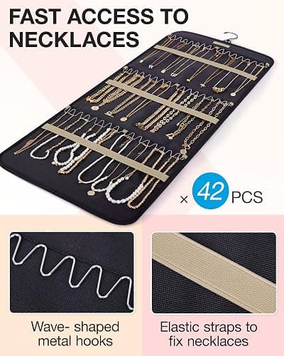 BAGSMART Hanging Jewelry Organizer Storage Roll with Hanger Metal Hooks Double-Sided Jewelry Holder for Earrings, Necklaces, Rings on Closet, Wall, Door, 1 piece, Large, Black thumbnail 3