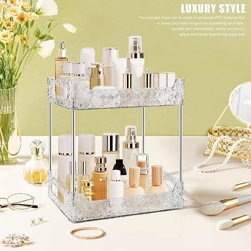 TENDER EPOCH 2-Tier Bathroom Counter Organizer Countertop Storage, Dresser Organizer Vanity Tray for Makeup, Perfume Organizer Cosmetics Skincare Shelf - Clear - Clear White - 2-Tier thumbnail 8