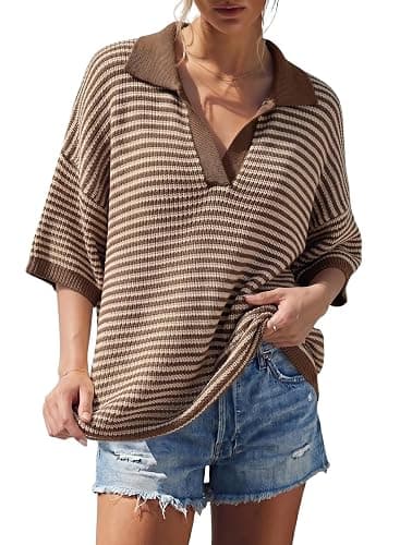 Dokotoo Women's Half Sleeve Striped Sweaters 2026 Collared V Neck Knit Top | Summer Fall Outfits,Polo V Neck,Drop Shoulder Shirts,Oversized,Soft Comfy,Pullovers Knit Tops,Fashion Clothing thumbnail 4