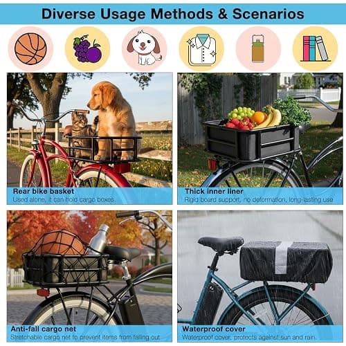 Bike Basket Rear - Large Capacity Heavy Duty Bicycle Basket with Liner,Cargo Net,Waterproof Cover - Ebike Accessories for Adult Bikes,Electric Bike,Carrying Grocery,Ball,Dog thumbnail 2