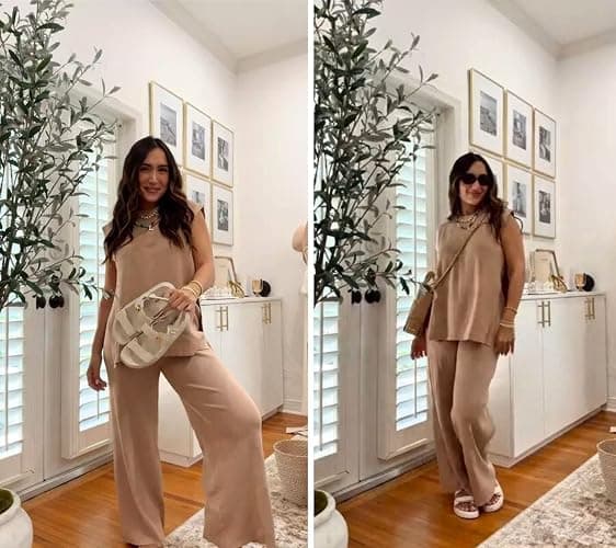 Lviefent Womens 2 Piece Outfits Sweater Set Sleeveless Side Slit Pullover Top Knit Wide Leg Pants Lounge Matching Sets thumbnail 4