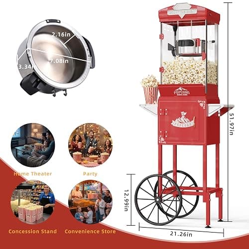 HUGROVE 10oz Popcorn Machine with Cart, 480W Vintage Popcorn Maker for Home Cinema, Professional Stainless Steel Kettle, One-Touch Operation Popper for Game Day (Light Red) (Light Red) thumbnail 3