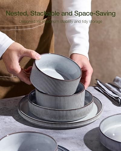 Famiware Star 12-Piece Stoneware Dinnerware Sets for 4, Reactive Glaze Plates and Bowls, Modern Rustic Dishes for Everyday & Formal Use, Chip/Scratch Resistant, Microwave/Dishwasher Safe, Smoky Blue thumbnail 6