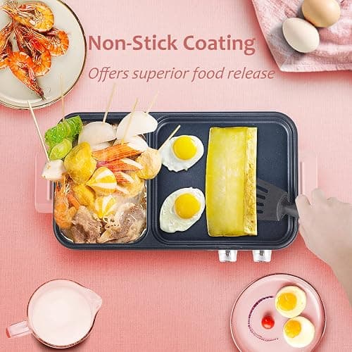 Topwit Hot Pot Electric with Grill, 2 in 1 Indoor Non-stick for Steaks, Shabu Shabu, Noodles, Simmer and Fry, Korean BBQ Grill, Independent Dual Temperature Control, Pink thumbnail 6