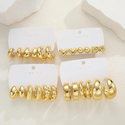 12 Pairs Chunky Silver Hoop Earrings for Women Trendy, Silver Plated Lightweight Thick Open Twisted Stack, Non Tarnish Huggie Hoops Earring Set thumbnail 9