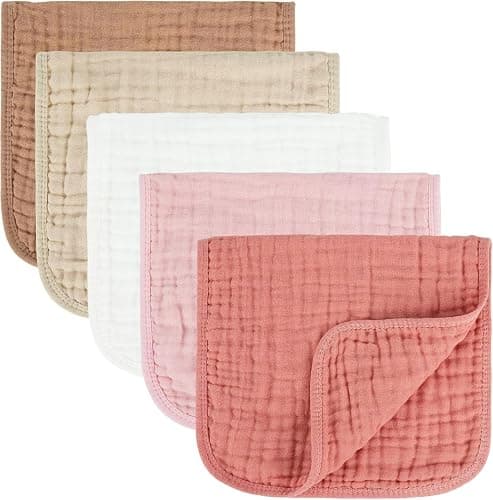 MIGIOL Baby Burp Cloths 100% Cotton Newborn Muslin Burp Cloths 10x20 inches Baby Essentials Pink & Coffee 5-Pack thumbnail 7