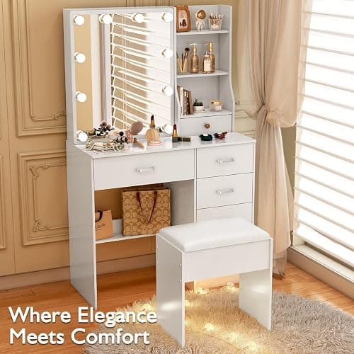 tojump Vanity Stool Chair 16 Inch, Cushioned Vanity Stools, Dressing Table Stool, Dressing Table Seat, Easy Assembly Makeup Chair, Footstool for Makeup Room, Living Room, Bedroom, Entryway, White thumbnail 5