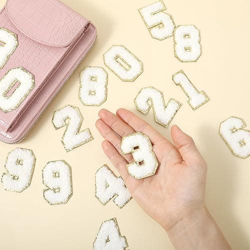 20PCS Chenille Number Patches, Iron on Numbers 0-9 Gilter Varsity Patches Embroidery Self-Adhesive White Applique for Team Jerseys Sports Football Jeans Bags Decors thumbnail 5