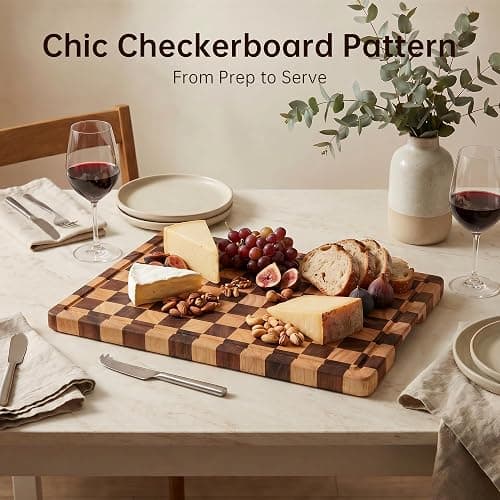 THETCHRY Cutting Boards for Kitchen, Checkered Cutting Board Upgraded, Acacia Wood Chopping Board with Juice Grooves & Handles, Large Butcher Block Serving Tray with Gift Box, 17"X12"X0.8" thumbnail 5