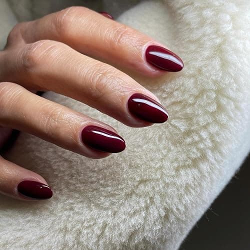 Wine Red Press On Nails Short Oval,KQueenest Thick Acrylic Nails Press Ons,Short Almond Nails Glue on,Natural Round Fake Nails,Burgundy One Color Gel Stick On Nails Set For Tiny Average Wide Nail Beds thumbnail 2