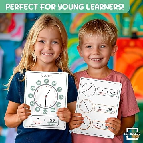 Scribbledo 10 Pack Telling Time Teaching Sheets - 9'x12' Dry Erase Learning Clocks for Kids Homeschooling Supplies thumbnail 6