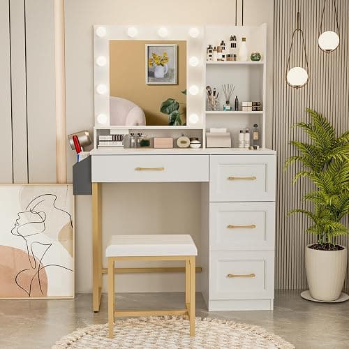 BONITURE Vanity Desk with Mirror, LED Lights and Power Outlet Makeup Vanity Table Set, Makeup Table with Stool 2 Drawers, 3 Color Modes Available for Bedroom,White+Gold thumbnail 4