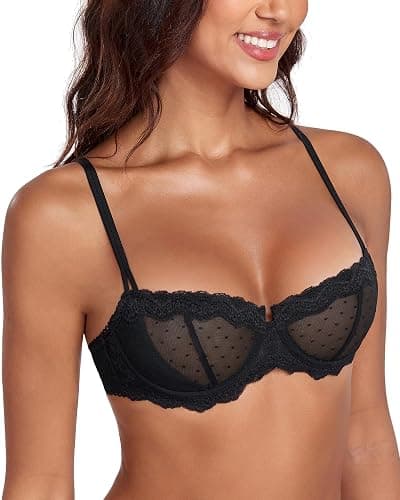 Lemorosy Women's Balconette Push Up Bra Unlined Non-Padded Half Cup Lace Sheer Underwire - Image 1