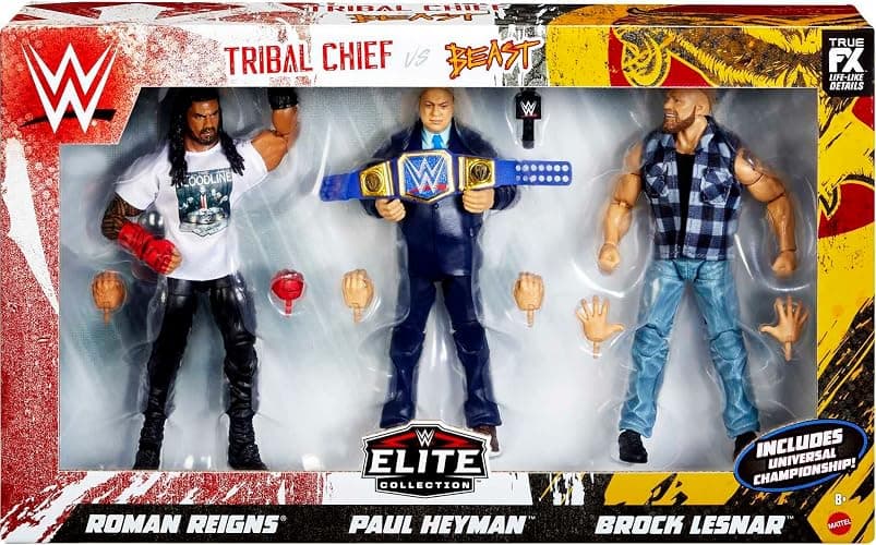 Mattel Action Figure 3-Pack Tribal Chief vs Beast IncarnateRoman Reigns Brock Lesnar & Paul Heyman Elite Collection with Universal Championship & Swappable Hands thumbnail 6