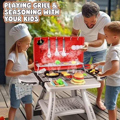 2025 Kids Kitchen Playset Toy Grill BBQ with Smoke Light Pretend Play Food Toys Cooking Set 2-Layer Barbecue Gifts for Toddler Boys Girls 3-5 6 7 thumbnail 2
