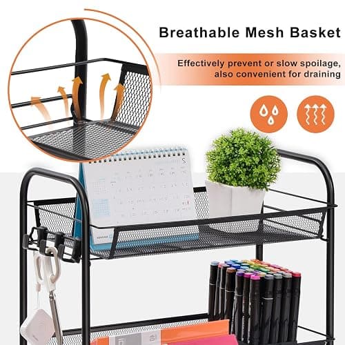 TOOLF 4-Tier Rolling Cart, Metal Utility Cart with 3 Hooks, Easy Assemble Mobile Storage Trolley On Wheels, Metal Shelving Units Kitchen Bathroom Laundry Room thumbnail 4