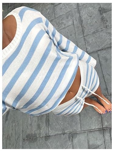 Milumia Women's 2 Piece Outfit Striped Ribbed Long Sleeve Sweater Top Shorts Set Knitwear thumbnail 2