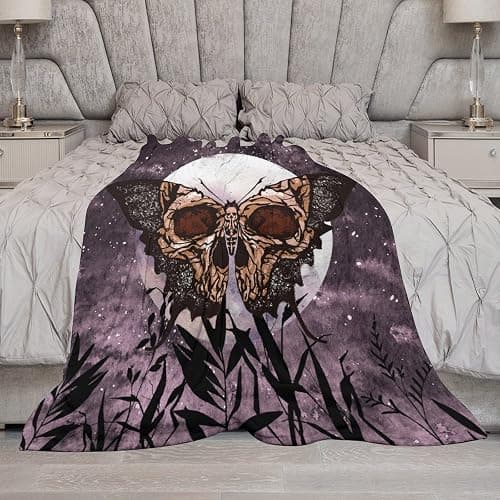 Death Moth Blanket, Boho Gothic Skull Moth Purple Starry Plant Full Moon Mysterious Witchy Throw Blanket for Couch Sofa Office Bed Travelling Bed Throws, 50"x60" thumbnail 7