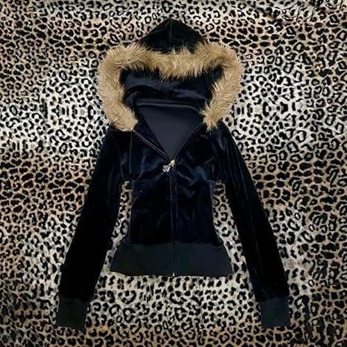 Vintage Fur Hood Jacket Fitted Zip Up Long Sleeve Hoodie Retro Cute Winter Streetwear thumbnail 5