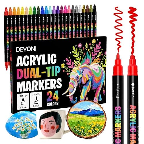 DEYONI 24 Colors Acrylic Paint Markers, Dual Tip Acrylic Paint Pens Markers for Rock, Fabric, Wood, Glass, Craft, Decoration, Adult DIY Crafts Art Supplies - Image 1