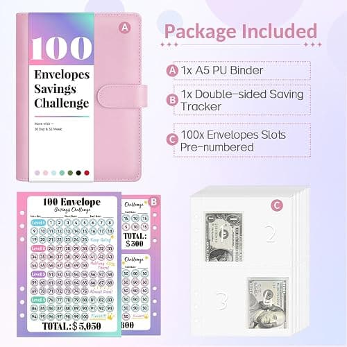 Sooez 100 Envelopes Money Saving Challenge, Savings Challenges Book with Envelopes, Flexible Saving $5050, $2600, $300, Savings Binder with 100 Pocket Pre-Number & Reusable Laminated Tracker thumbnail 2