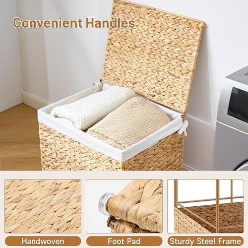 Water Hyacinth Storage Basket with Lid, 21.1 Gallon (80L) Wicker Shelf Basket with Removable Liner, Wicker Storage Basket for Blanket, for Livingroom, Bedroom, Natural thumbnail 6