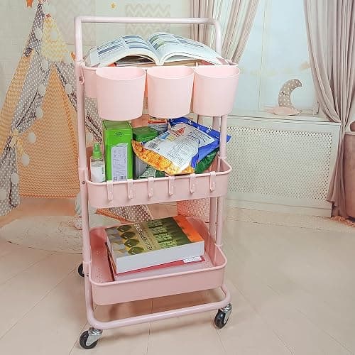 Ceeyali 3-Tier Rolling Utility Cart Storage Organizer Shelf Cart with Lockable Wheels and 3PCS Cups and 8PCS Hooks for Home Kitchen,Bathroom,Office,Laundry Room etc. (3 Cup 8 Hook Pink) - 3 Cup 8 Hook Pink thumbnail 8