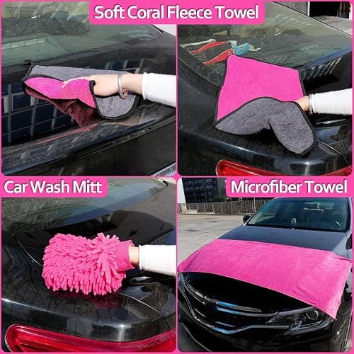 THINKWORK Pink Car Detailing Cleaning Kit, Car Wash Kit, Car Accessories for Women Suitable for Small and Medium Vehicles Such As Cars, Trucks, Suvs(17pcs) - Pink thumbnail 4