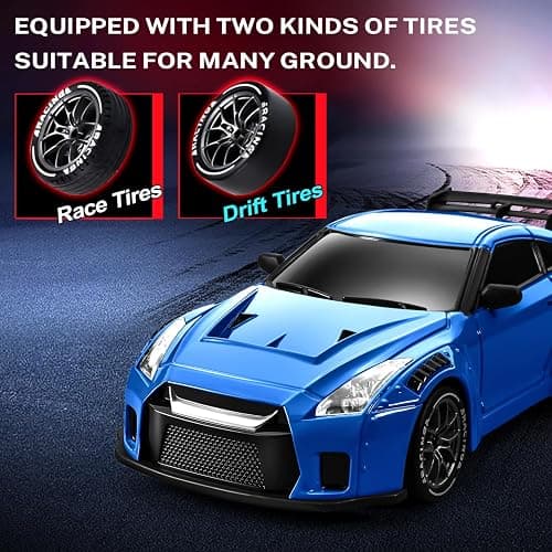 ACAMMZAR RC Drift Car, 1:24 Remote Control Car for Kids, 20KM/H 4WD High Speed RC Cars with Lights, Extra Racing Tires, Vehicle for Adults Boys Girls, Blue thumbnail 6