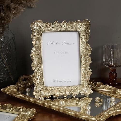 Cuspin 5x7 Picture Frame Gold Frames, Vintage Ornate Palm Leaves Textured Hand-Crafted Resin Frame with Glass Front, Elegant Retro Photo Frame for Wall and Tabletop Display Home Decor thumbnail 7