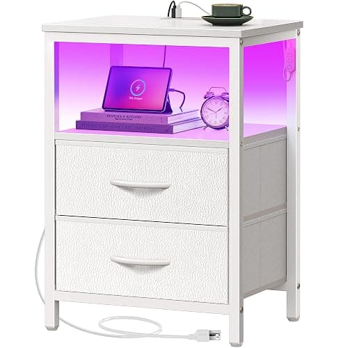 Huuger Night Stand with Charger Station and LED Lights, 2 Drawer Nightstand, Bed Side Table with Open Shelf, End Table, Fabric Dresser for Bedroom, PU Leather, White - Image 1