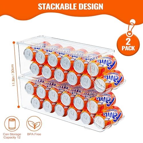 SCAVATA 2 Pack Soda Can Organizer for Refrigerator, Stackable Canned Food Pop Cans Container Can Holder Dispenser with Lid for Fridge Rack Freezer, Clear Storage Bins-Holds 12 Cans Each (Clear) thumbnail 3