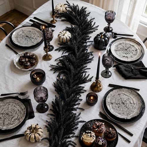 2 Pcs 12ft Black Halloween Norfolk Pine Garland, Realistic Gothic Faux Garland Mantle Decoration, Black Artificial Hanging Vine Twigs for Door Fireplace Mantle Stairs Holiday Home Party Decoration thumbnail 2