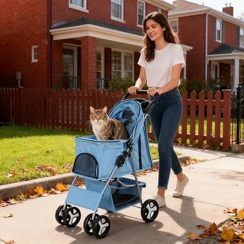 ZENY Foldable Pet Stroller, Cat/Dog Stroller with 4 Wheel, Pet Travel Carrier Strolling Cart with Storage Basket, Cup Holder (Blue) thumbnail 8