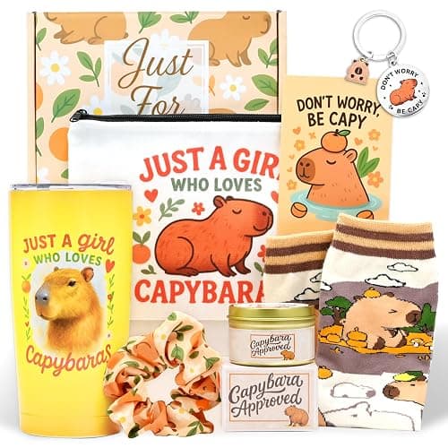 Capybara Gifts for Women Capybara Stuff Includes 20oz Tumbler Mug Makeup Bag Sock Hair Bands Capybara Keychain and Candle Gift Cards Gift for Capybara Lover - Image 1