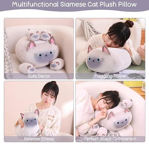 SQEQE Siamese Cat Plush, Cute Siamese Cat Stuffed Animals Mommy with 4 Squishy Kitties in Her Tummy, Soft Plushies Pillow Gifts for Kids thumbnail 5