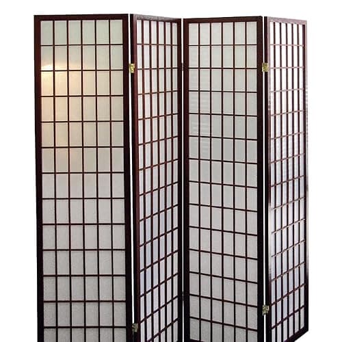Cherry Finish Japanese Style Room Divider - 70" Tall 4-Panel Folding Privacy Screen with Wood Frame for Living Room, Bedroom, or Home Office Space Separation thumbnail 4