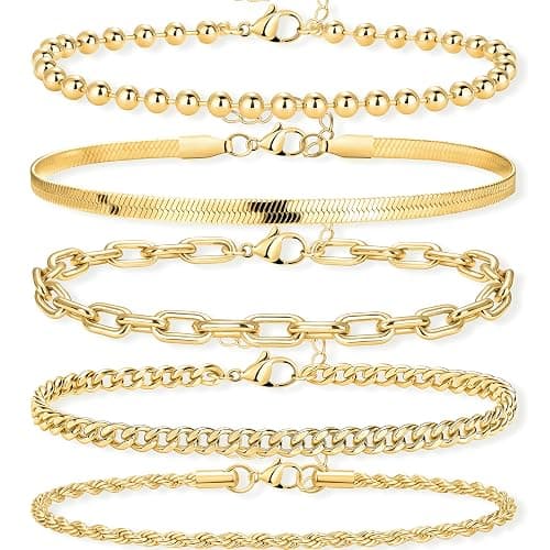 Poxtex Gold Bracelets for Women, 14K Real Gold Dainty 7" +2" Adjustable Multilayer Trendy Bracelets Set for Women Waterproof Inclued Beaded, Cuban, Paperclip, Snake, Rope, Figaro, Mirror, Satellite - Image 1