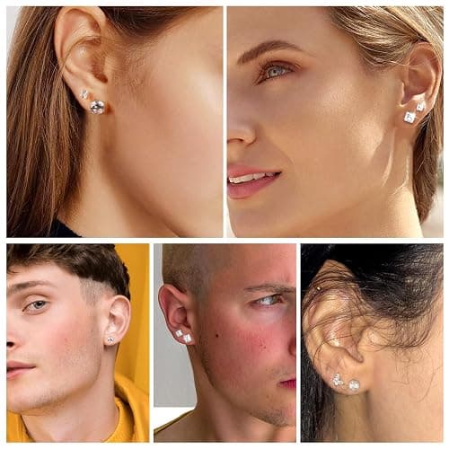 COZLANE Silver Flat Back Stud Earrings for Women Hypoallergenic Round Square Cubic Zirconia Surgical Stainless Steel Earrings Set for Multiple Piercing 12 Pairs thumbnail 3