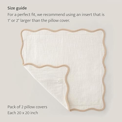 Double Stitch Scalloped Throw Pillow Covers - 100% Cotton Set of 2 Decorative Boho Pillow Covers 20 x 20, Made in India, Square Cushion Case, Modern Home Decor for Couch Sofa Living Room, Cream thumbnail 8