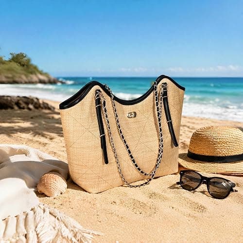 Eiyye Woven Tote Bag for Women Raffia-Style Shoulder Purse Summer Bag | Raffia-style woven look large tote matching pouch black trim thumbnail 8
