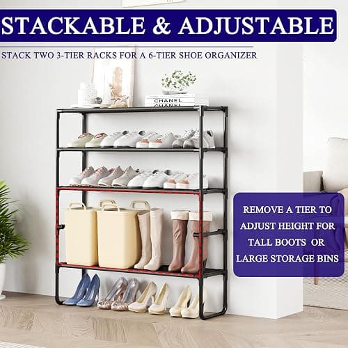 COAPUKT Long Shoe Rack, 3-Tier Stackable Shoe Organizer for Closet, Entryway, Hallway, Extra Bottom Layer, Holds 16-20 Pairs, Sturdy & Durable Waterproof Fabric Shelf, Space-Saving,Black(35.8" Wide) thumbnail 5