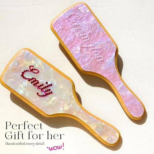 Personalized Rhinestone Hair Brush with Name - Custom Bling Hairbrush for Women & Girls, Handmade Marble Bamboo Wood Brush for Scalp Massage, Detangling, Gifts(Pink Sugar) thumbnail 7