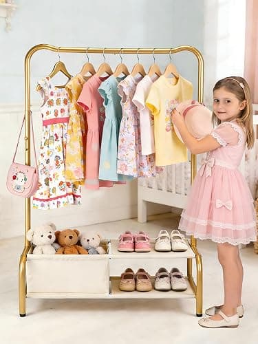 Atrastout Kids Clothing Rack-Portable Kids Clothing Rack with Storage Shelf - Toddler Garment Organizer for Baby Clothes, Dance Costumes, Girls Gift Ideas（Gold） thumbnail 2