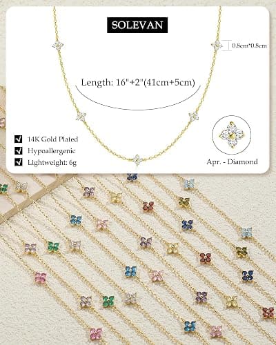 SOLEVAN Dainty Clover Birthstone Gold Necklaces for Women Trendy Non Tarnish Layered 14K Gold Plated Station Choker Necklace Cute Flower Friendship Necklace Stack for Wedding Prom Brides Jewelry Gifts thumbnail 5