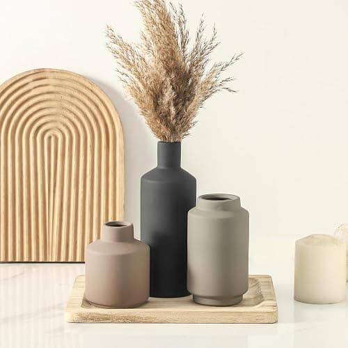 Ceramic Vase Set of 3, Modern Decorative Vases for Home Decor, Small Flower Pottery Vase Sets, Boho Farmhouse Rustic Vases for Living Room, Kitchen, Bedroom, Bathroom, Shelf, Table thumbnail 7