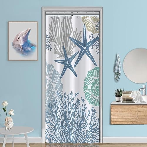 Tritard Small Stall Shower Curtain 36x72 Half Size - Nautical Coastal Waterproof Fabric Shower Curtains for Bathroom, Starfish Seashell Beach Themed RV Camper Narrow Bath Curtain with 7 Hooks, Blue - Image 1